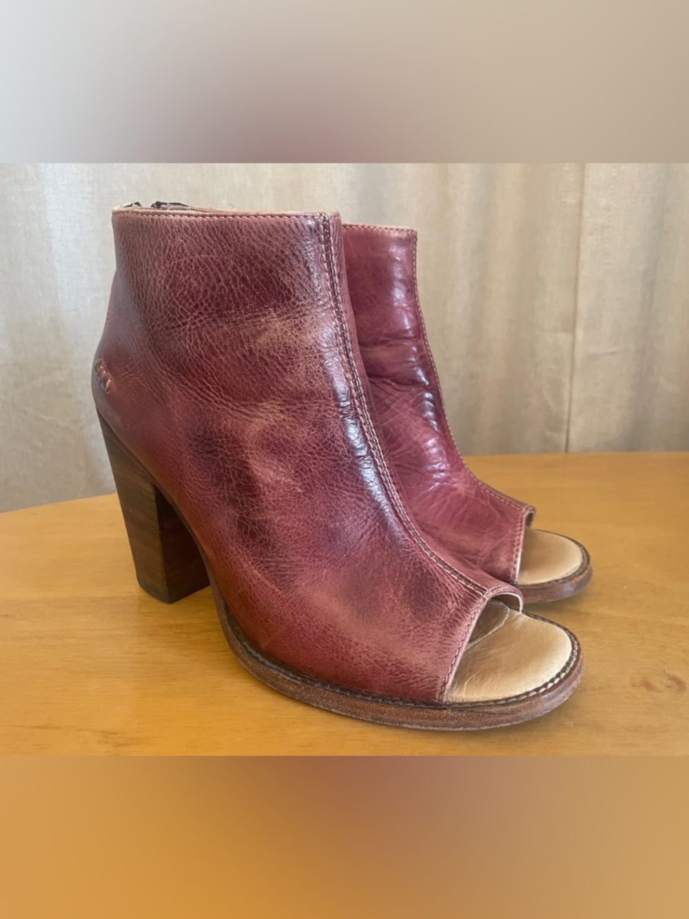 Bed-Stu Peep-Toe Leather Ankle Booties‎ in Burgundy
